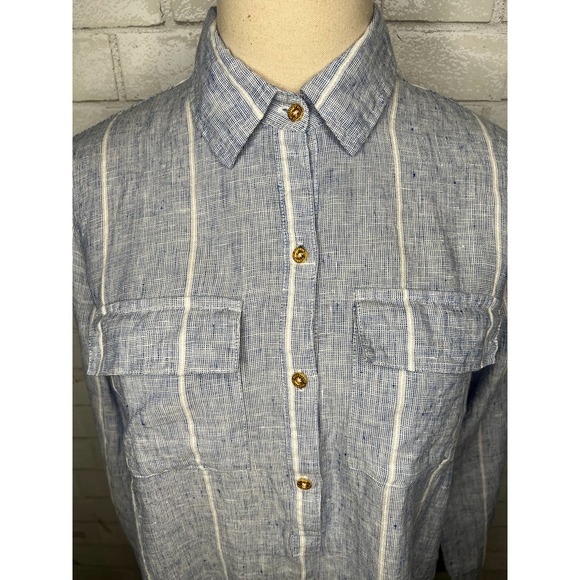 Ellen Tracy S Long Sleeve 100% LINEN Button Up Shirt Blouse Blue White - Picture 4 of 5